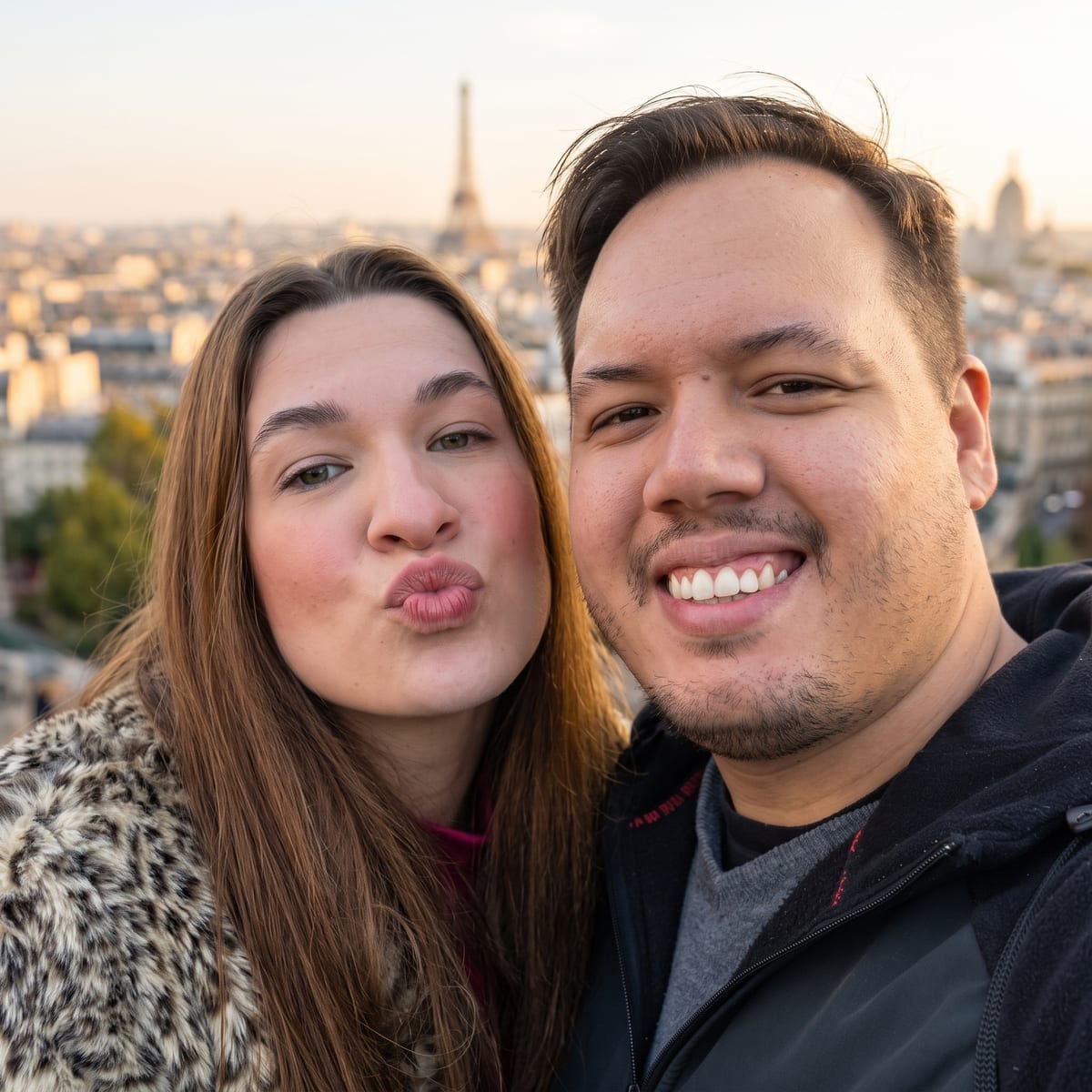 Otávio e Nicole, do canal Mundo Marques, em Paris com a Torre Eiffel ao fundo